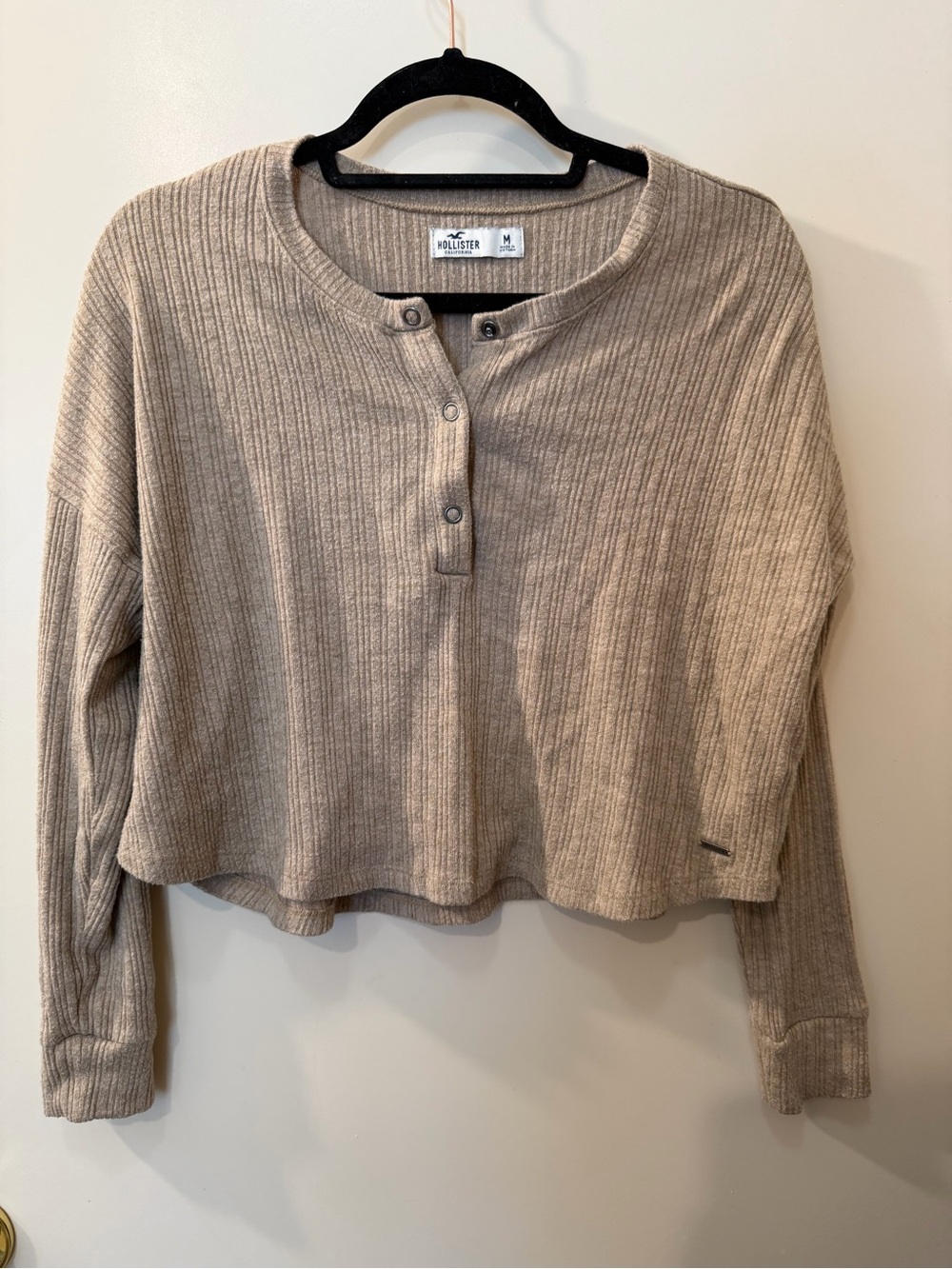 Hollister Women's Taupe Ribbed Henley Long Sleeve Top